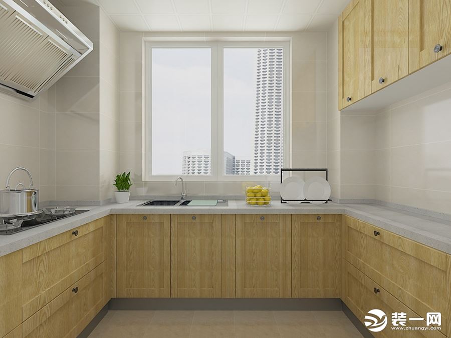U字形橱柜增加了厨房的收纳功能，橱柜精简的造型都代表主人的生活态度，浅色墙砖与原木色的搭配，干净、整