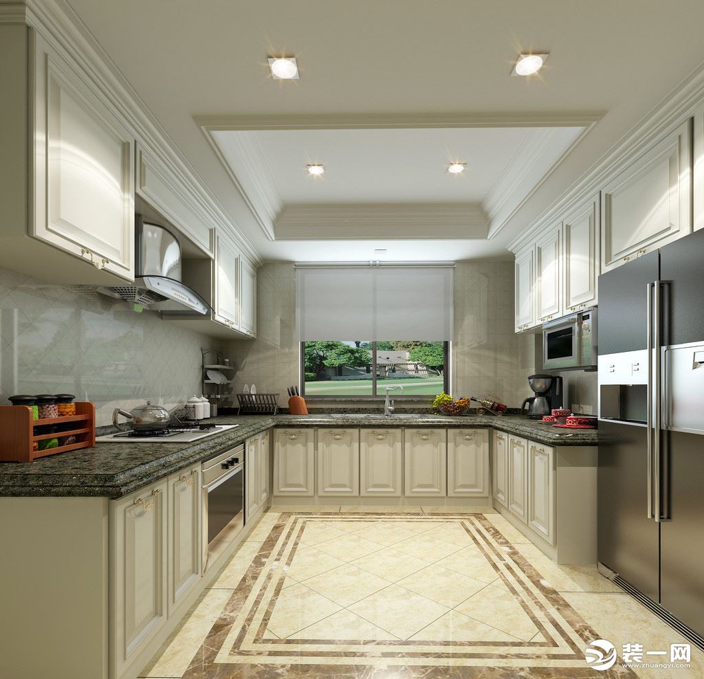 ：厨房的设计是U型结构，这样最大利用了空间，增加了储物功能，在，采用暖色调与客餐厅色调一致，功能区域