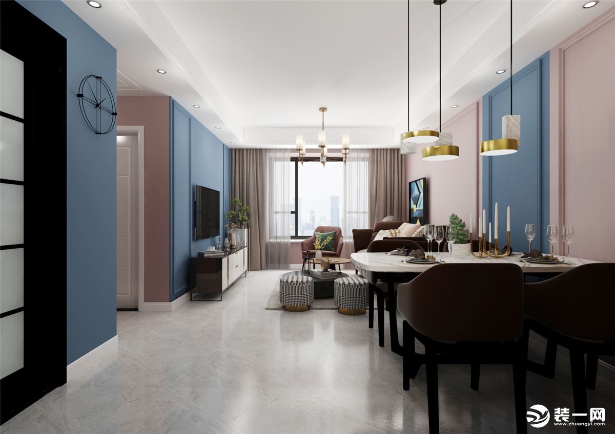 将灰粉色巧妙地融入客厅与餐厅，形成开放式的互动区域。客厅金属色的家具和灯具在空间风格呼应，更有设计感