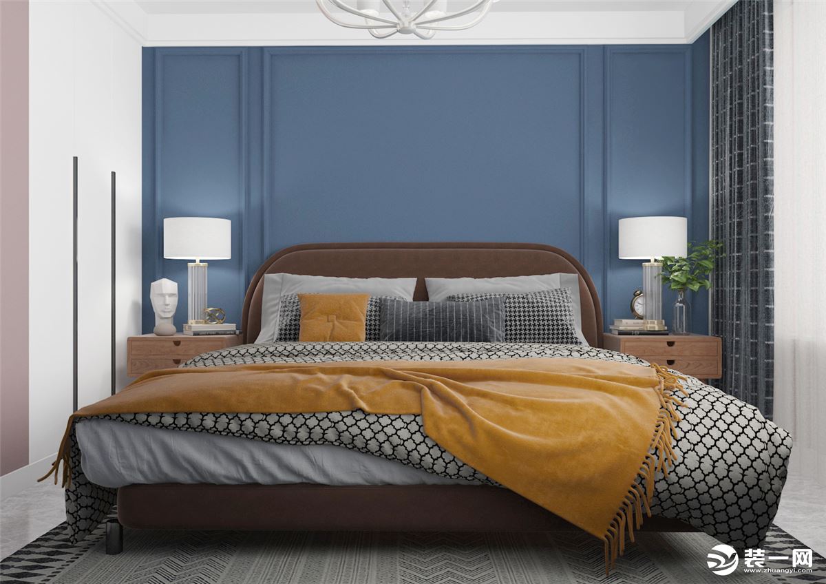 主卧室床头背景墙使用了灰蓝色的设计，增加了石膏线条使空间更加的灵动。咖色的布艺窗体是空间更加的柔和。