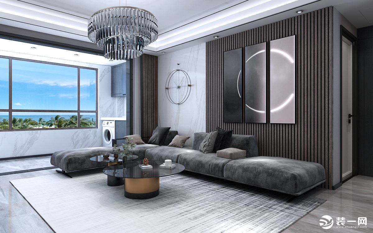客厅空间不是特别大，为了保证空间视觉感，采用色彩错位和对比，拉伸空间的层次，采用低靠背的沙发，视野呈