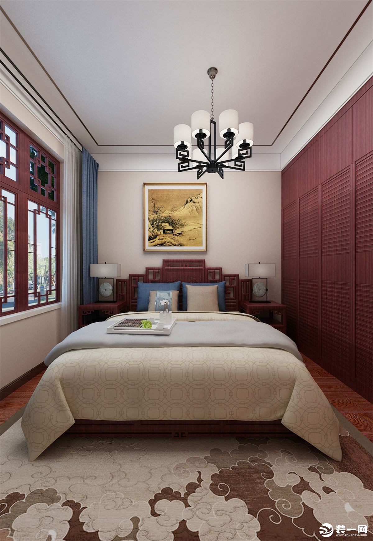 卧室家具采用与客餐厅相呼应的红木家具，吊顶采用双层石膏板加木线条的设计，简洁大气。背景墙采用壁纸加挂