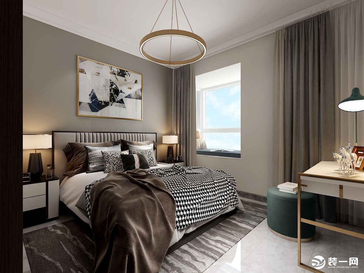 ：卧室作为休息的空间，舒适度为首要考虑，简洁大气，没有做繁杂的造型，棕色皮质的床、灰色的瓷砖（客户要