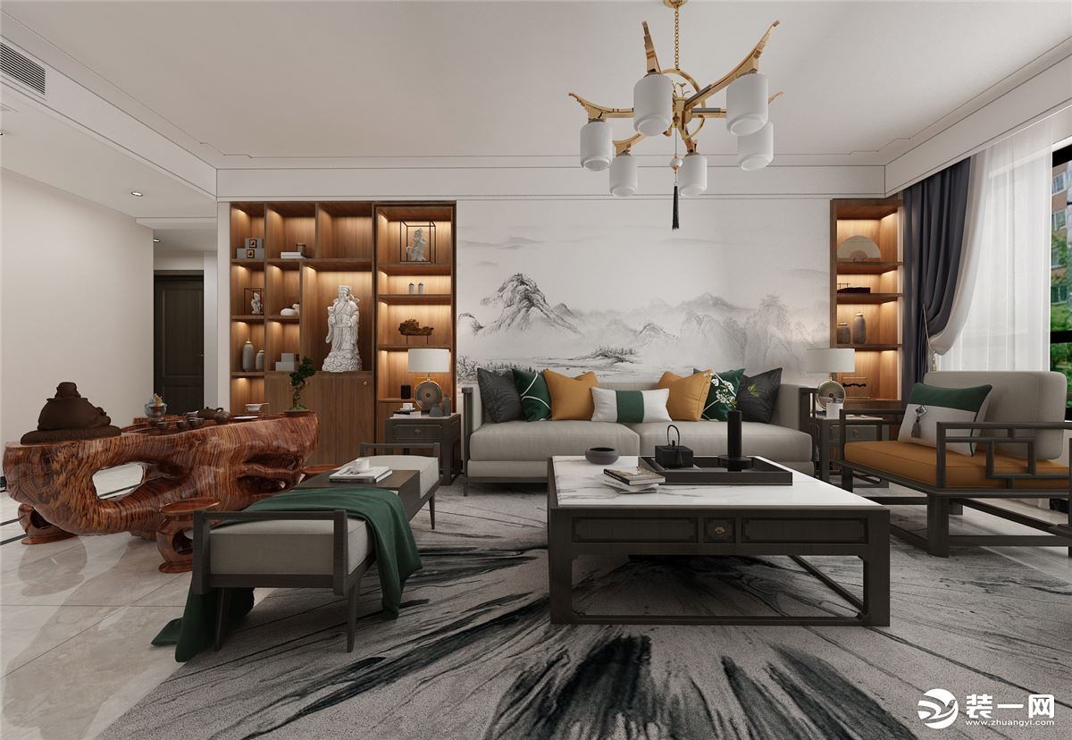 沙发在布艺上还是以棉、麻为主，客厅的茶几上的陈设装饰，暖色的点缀，使空间的整体气质显得更为精致与高贵