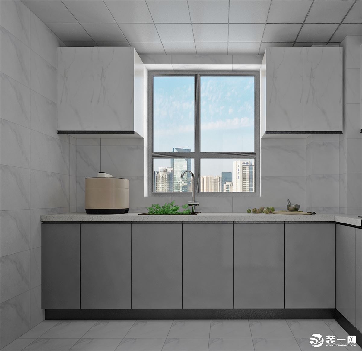 厨房：空间不是特别大，地柜是采用骑士灰与吊柜水墨流沙形成强烈对比与反差，使厨房整体空间视觉效果增大。