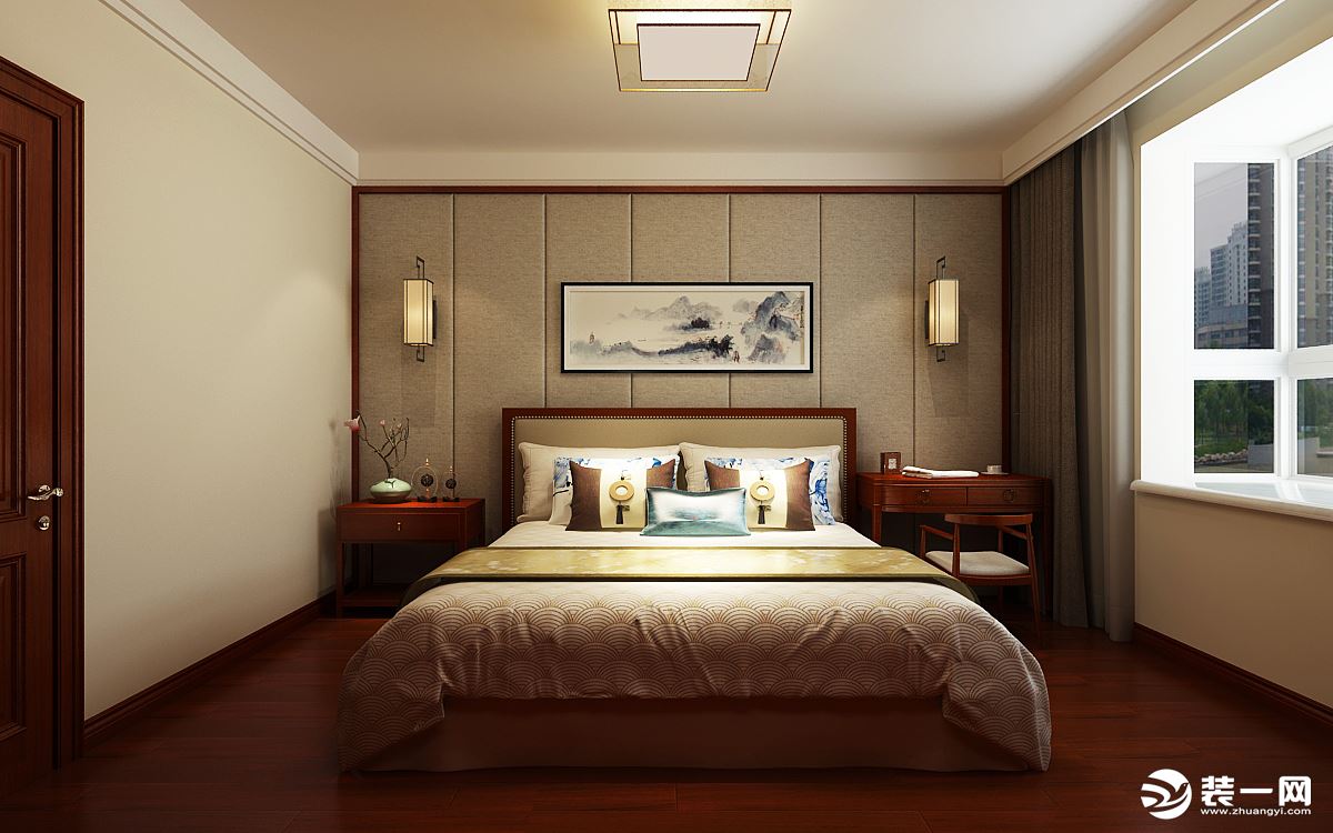 卧室顶面运用简练的叠级板带，凸显空间的层次感，有主有次，让整个空间感觉更加沉稳、大气。