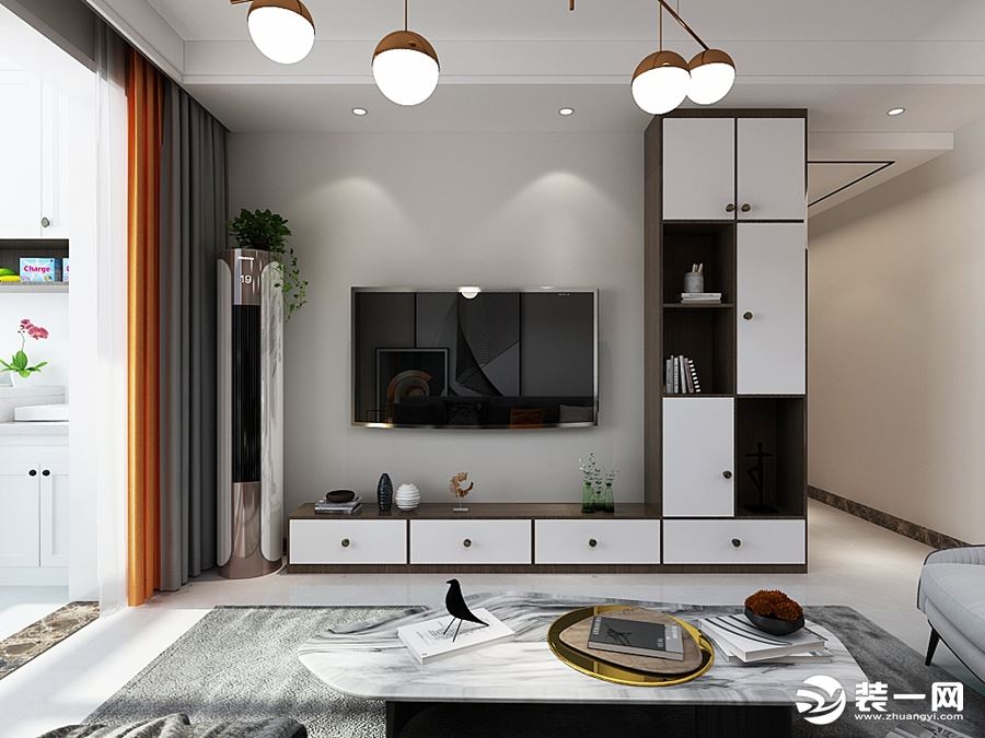 客厅影视墙设计定制柜子，增加储物功能，灯具、家具软装搭配金属质感，增加空间的轻奢感。