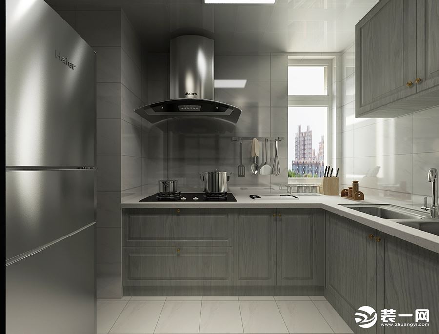 厨房白色仿石材的砖，简单大气，搭配灰色木纹的橱柜，质感很强。