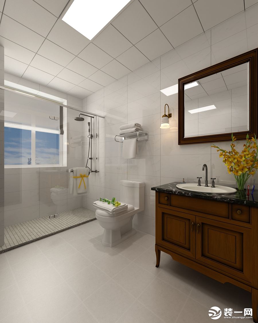 卫生间面积挺大，白色淡纹墙砖使卫生间更加明亮，不显压抑，同时在功能设计上也满足更多的利用空间