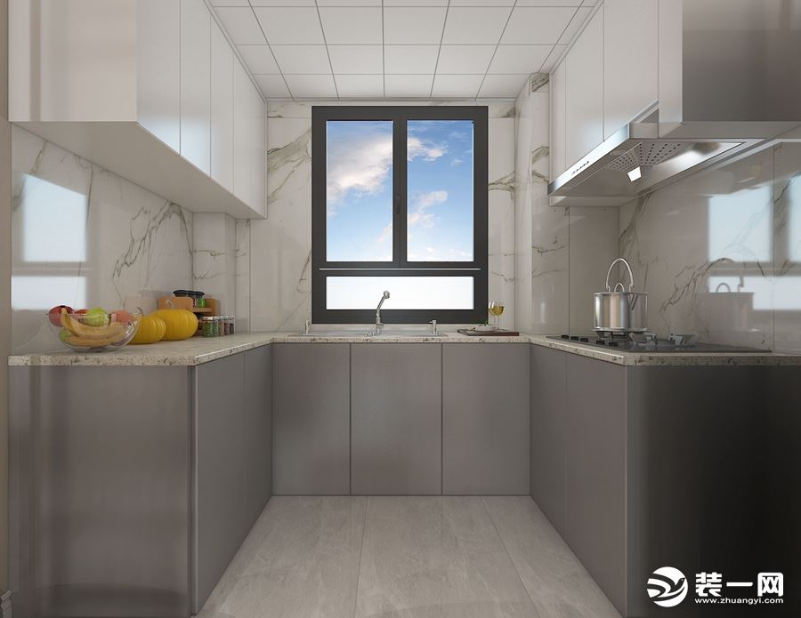 厨房设计的U型的，两边都增加了吊柜的设计，增加了储物的空间，把空间的动线也合理的设计了起来