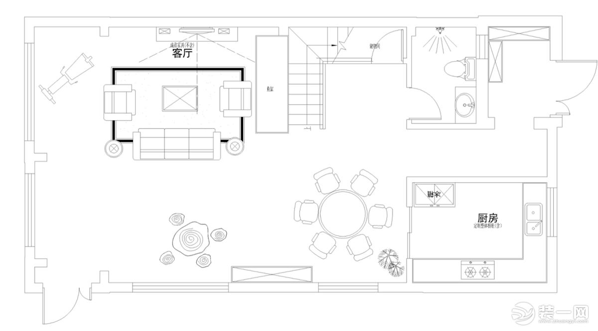 一楼为两厅一厨一卫的居家活动空间 平面户型方案