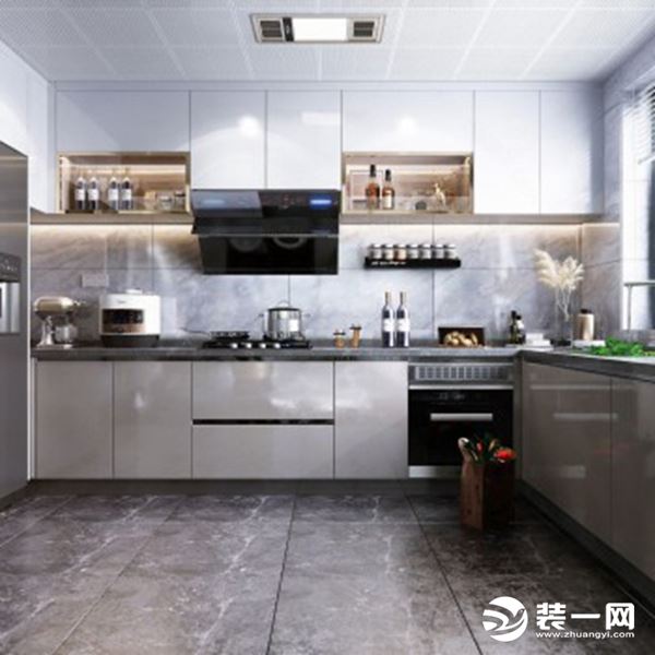 L型厨房，灶台和洗菜区的操作台在不同位置，不同位置的操作时使用感更舒适，光源烘托出不同材质的质感。