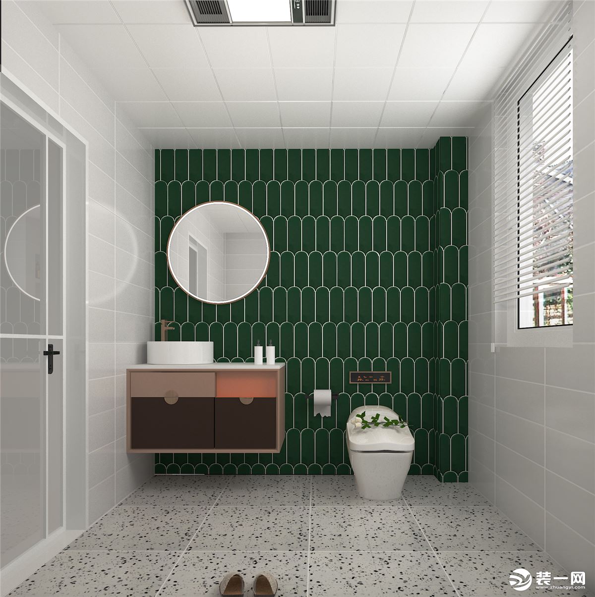 卫生间一面墙采用了墨绿色羽毛墙砖，整体搭配下来时尚又大气