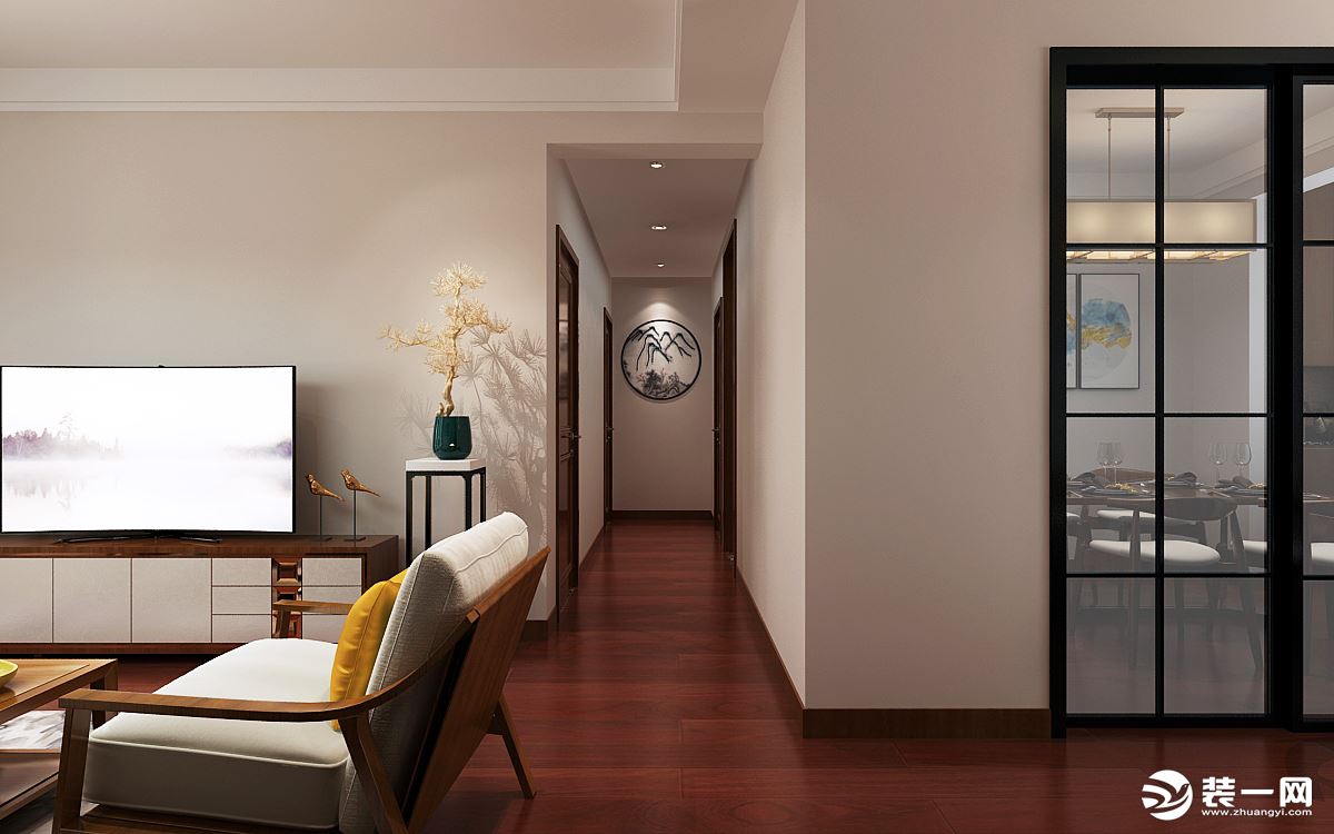 走廊设有走廊灯 沿用整个房间简单的设计 尽头以文雅挂画点缀 舒适大方 保留最高利用率