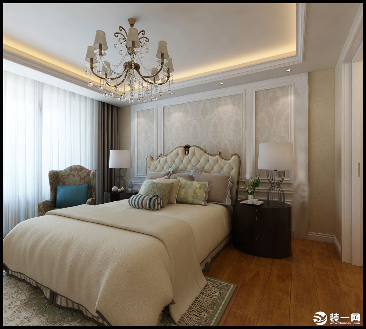 卧室作为休息的空间，舒适度为首要考虑，简洁大气，没有做繁杂的造型，整体搭配沉稳大气。