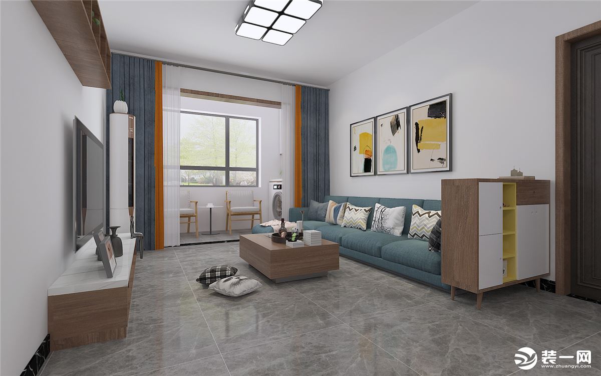 客厅在整体空间上选用偏灰色调，地面选用灰色瓷砖，搭配软装，完美中和了整体空间色彩。