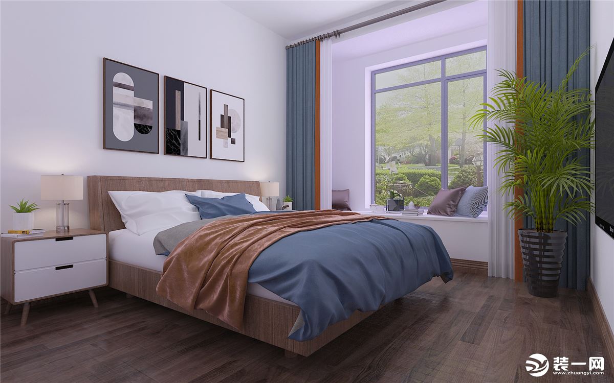 卧室是作为休息的空间，首先舒适度为首要考虑，温馨而简洁大气，顶面没有做繁杂的造型，直接采用平顶
