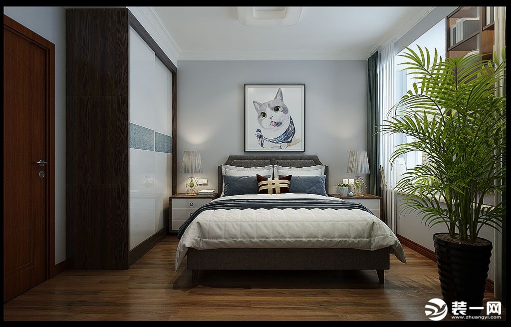 卧室是作为休息的空间，首先舒适度为首要考虑，温馨而简洁大气，顶面没有做繁杂的造型，而是采用简洁的叠级