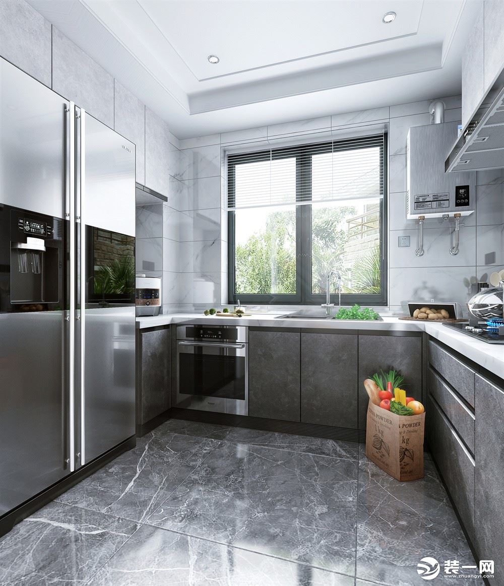 厨房采用U字型的设计，整体色调偏灰，看起来安静，在烹饪的时候心静。柜子最大利用化，满足平常生活的使用