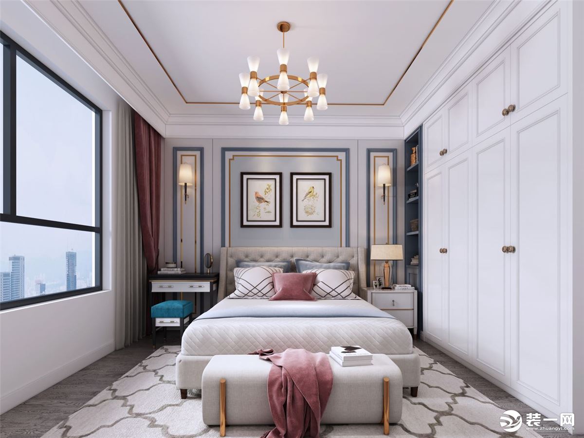 卧室整体采用暖色调。背景墙也使用了石膏线加上暖色的软装搭配，让整个墙面更加温馨舒适。