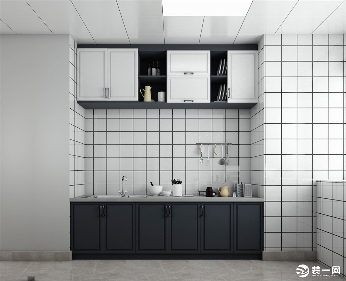 厨房区域是做的一个一字型设计，没有多余造型，主要以生活实用为主，柜子的设计去增加储物的空间。