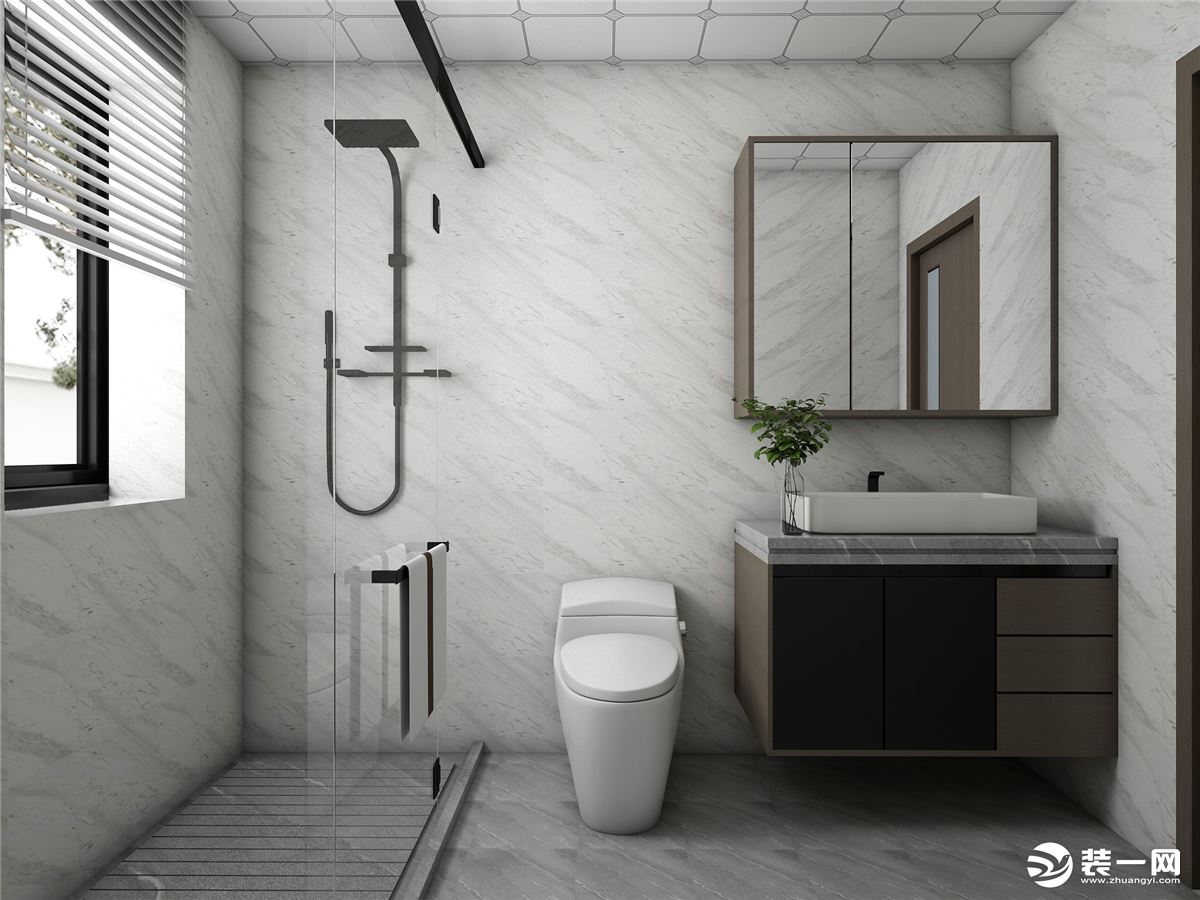 卫生间面积不算很大，白色淡纹墙砖使卫生间更加明亮，不显压抑，同时在功能设计上也满足更多的利用性。