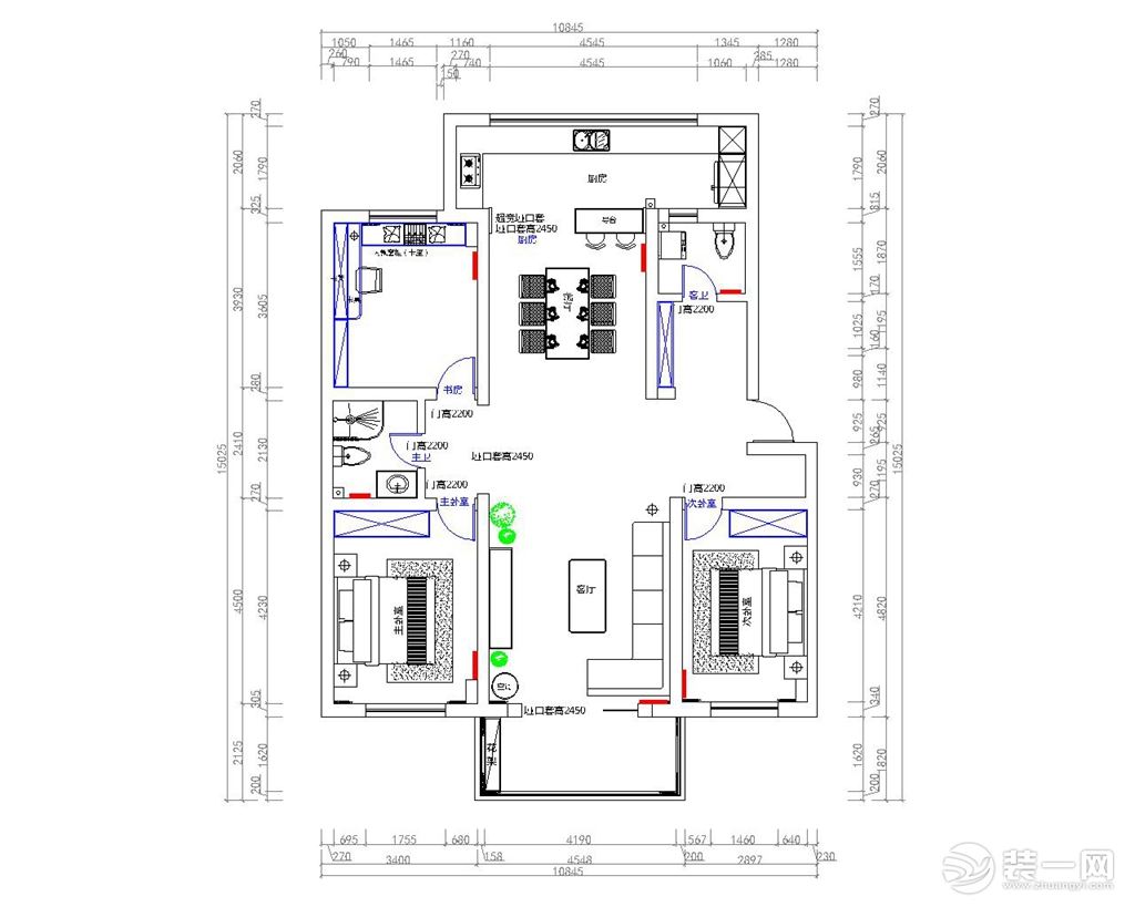 三室兩廳兩衛(wèi)的平面布局方案