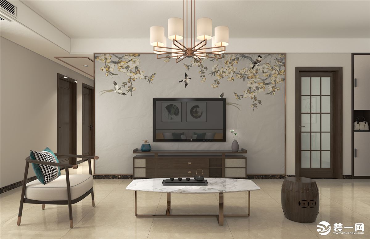 客厅整体优雅而又显得高档大气，深色木质家具和中式吊灯演绎了中式传统美学的内涵。