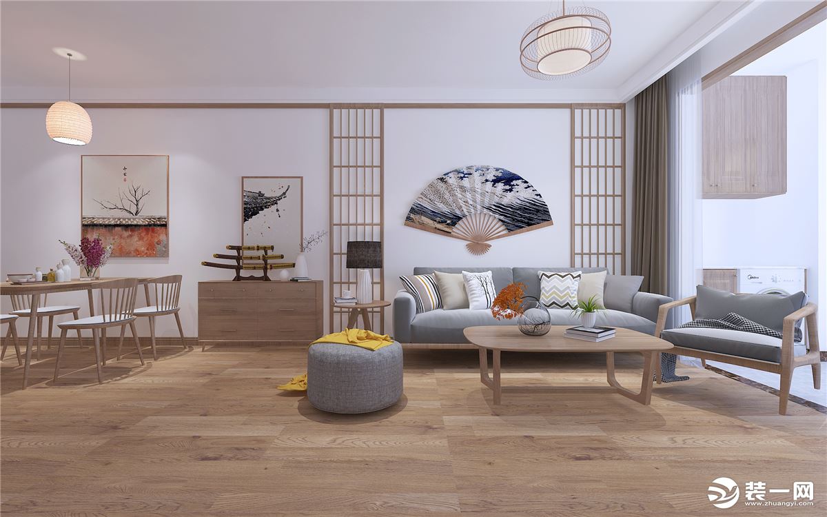 整体风格定义为日式风格，在整体空间上选用暖色调，地面选用全屋木地板来衬托日式风格的元素。