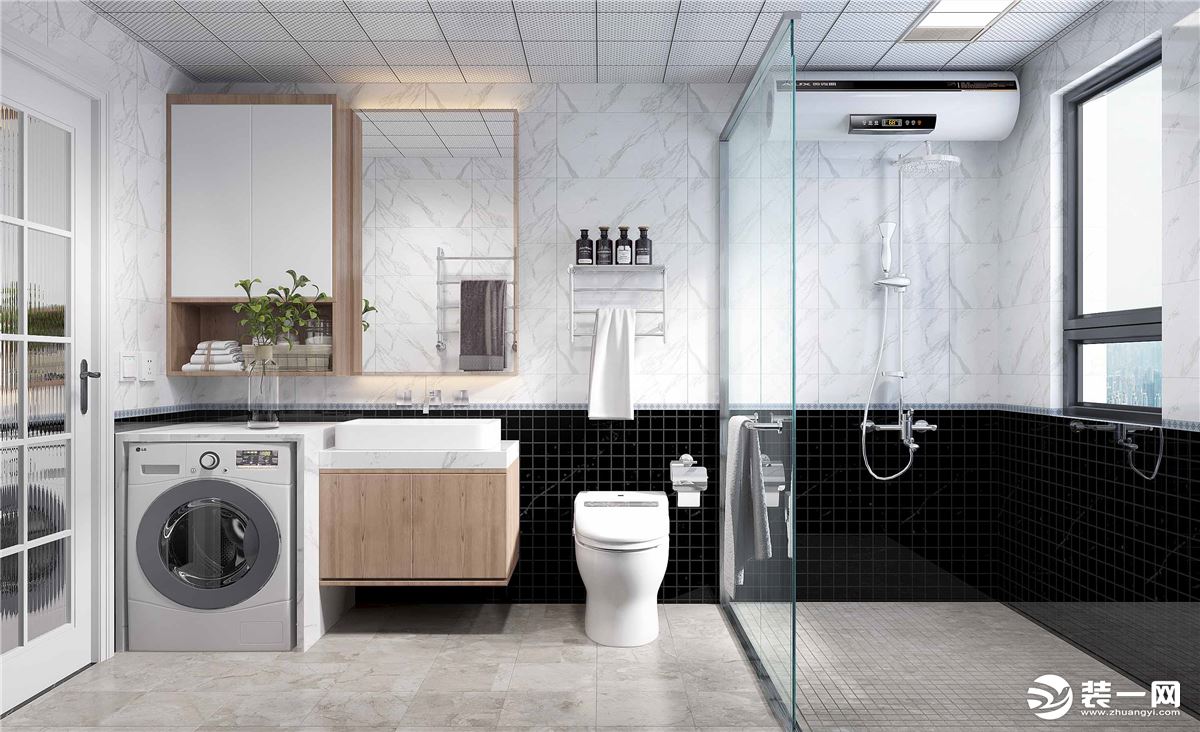 卫生间空间 相对大一些，把洗衣机放在这里，洗漱区域干湿分离，打造酒店式设计，有着不一样的空间感。