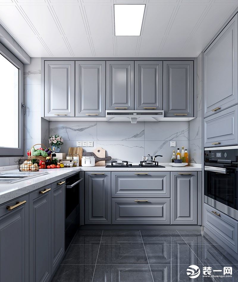厨房简洁大方的整体橱柜，配合智能化的电器加入，使整个厨房空间更加充满现代感。