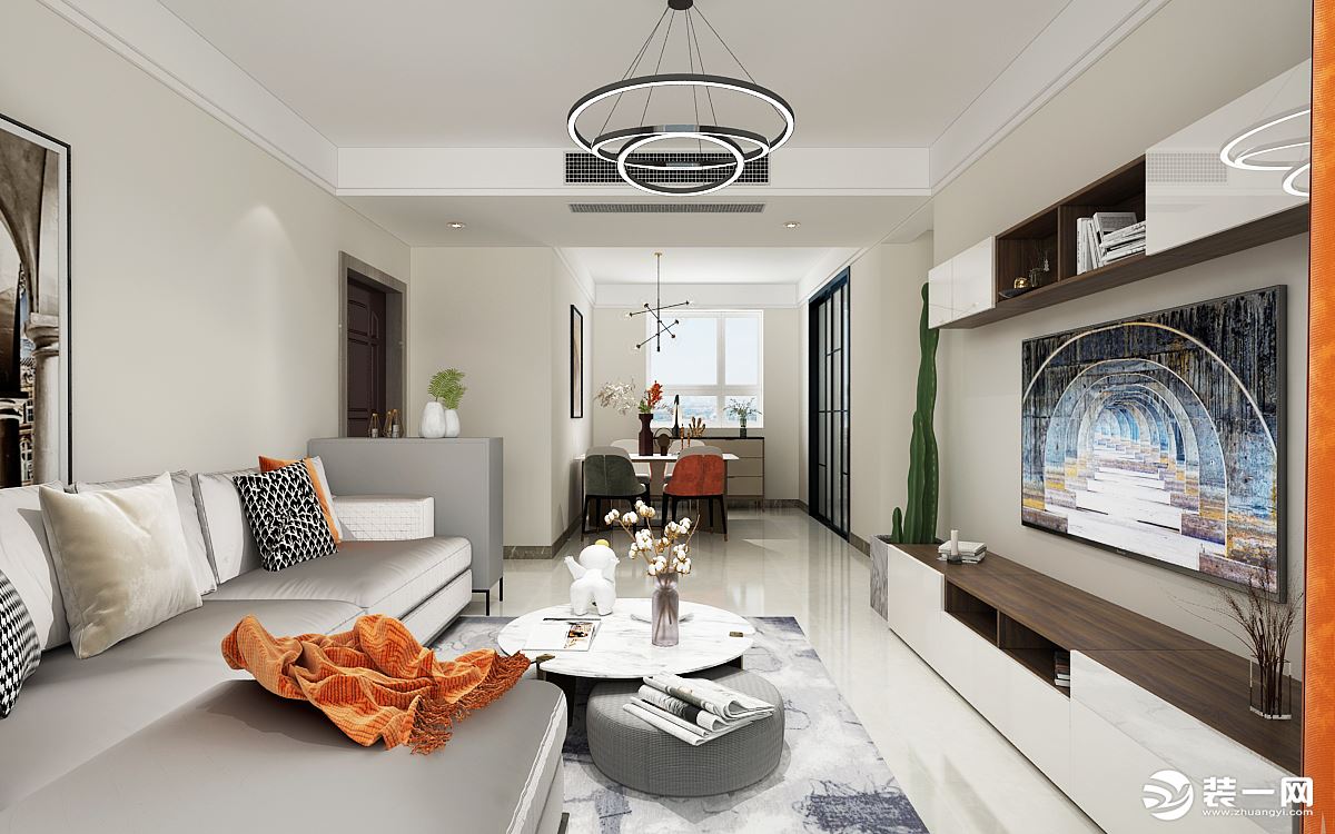 客厅整体色系采用黑白灰色调，打造高级感，局部亮色点缀，让整个空间层次更加丰富。