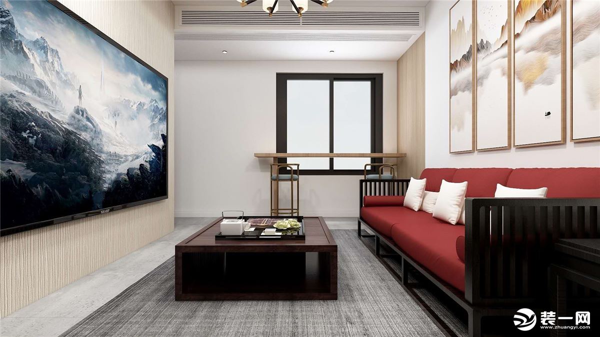 此户型入户玄关与客厅相通，沙发背景以白色乳胶漆为主，简单的装饰画搭配，在家具上选用中式元素。