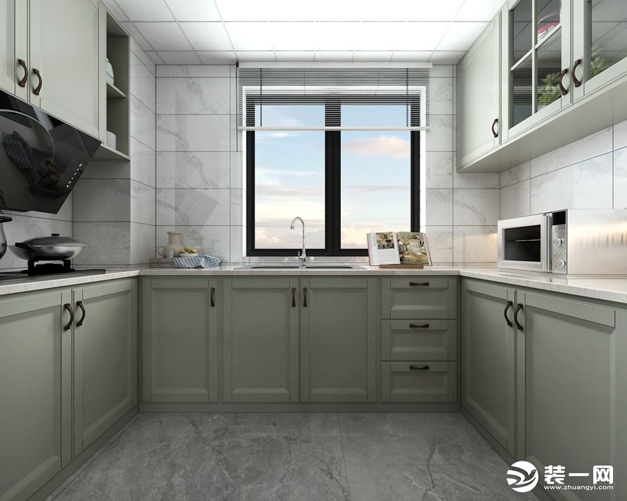 厨房的设计是U字型的，从户型上空间利用最大化，储物的地方变多了，对于电器以内嵌的形式也节省了空间。