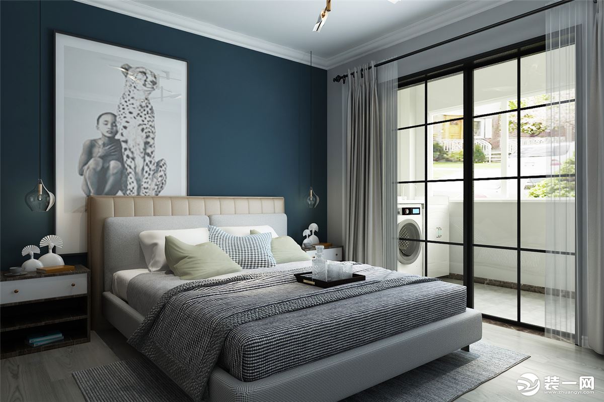 卧室背景采用乳胶漆分色，突出重点，丰富空间，增加空间色彩对比度。
