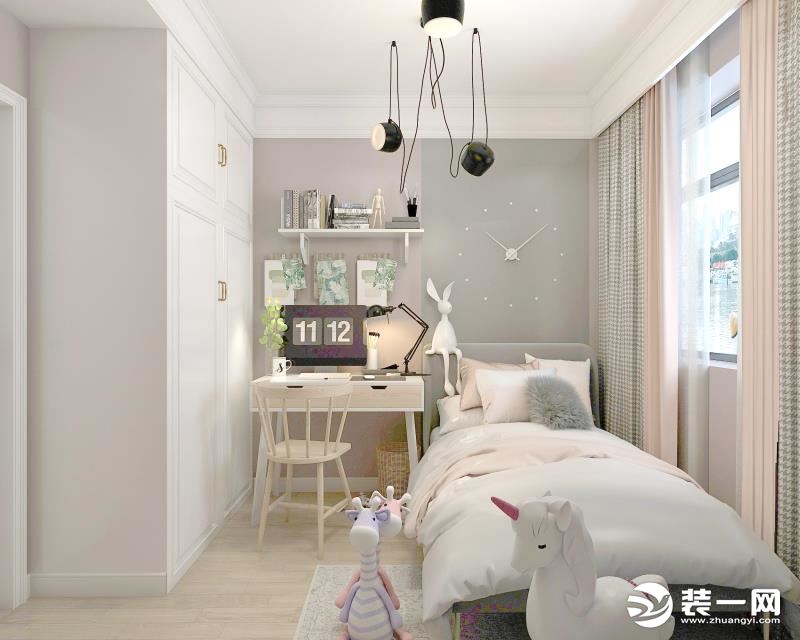南次卧作为女儿房使用。在南次卧背景墙采用了粉色和灰色拼色，床头上背景墙用表 作为装饰。