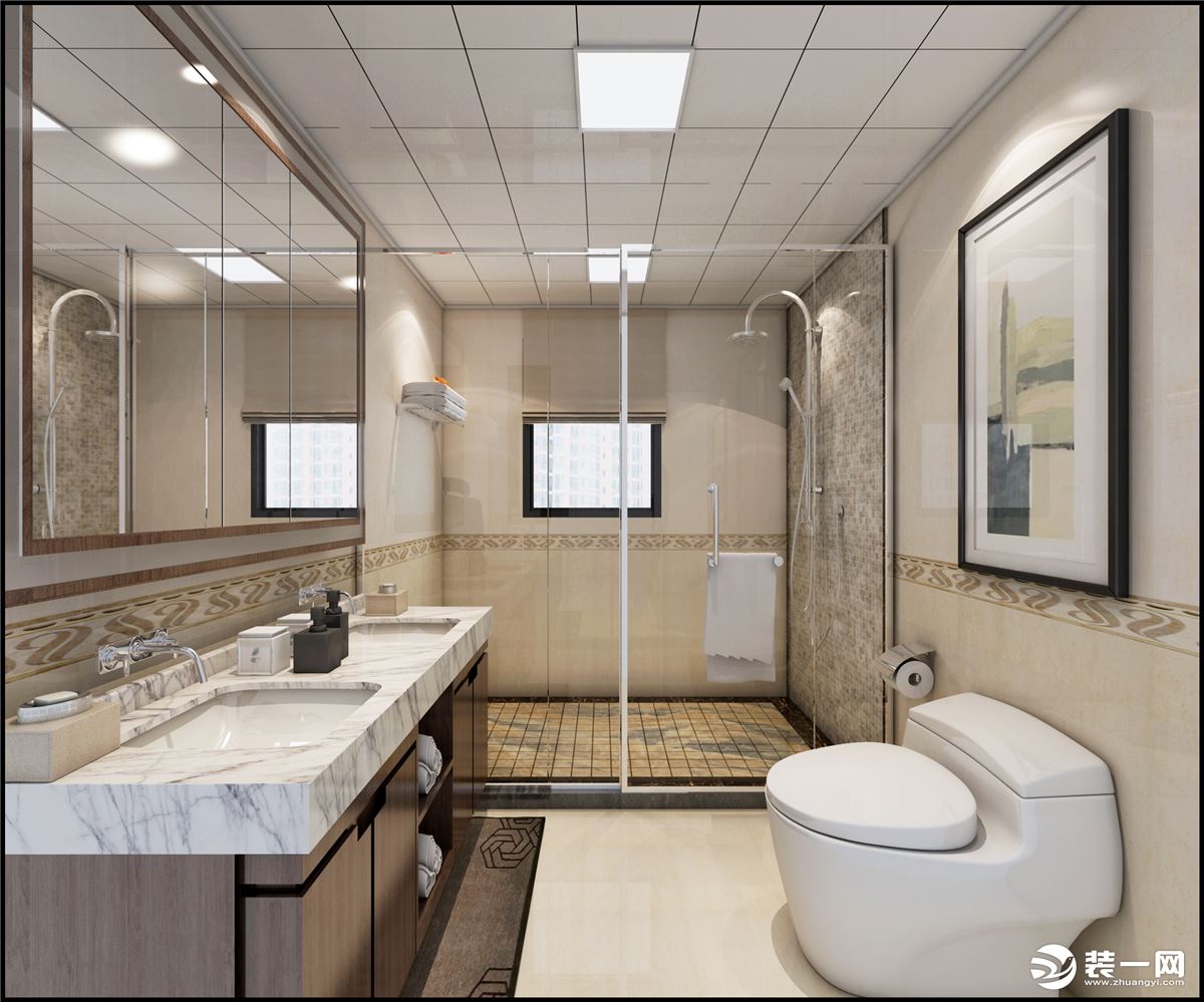 卫生间墙面采用大板大理石瓷砖，质感十足，整体空间干净、整洁不失优雅。