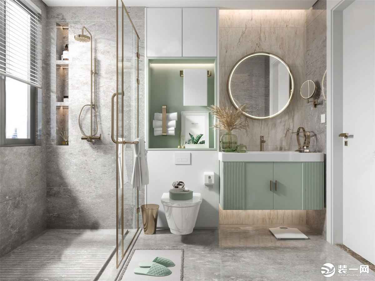 嫩绿的浴室柜体搭配着古铜金属的点缀，显得更加的奢华大气。