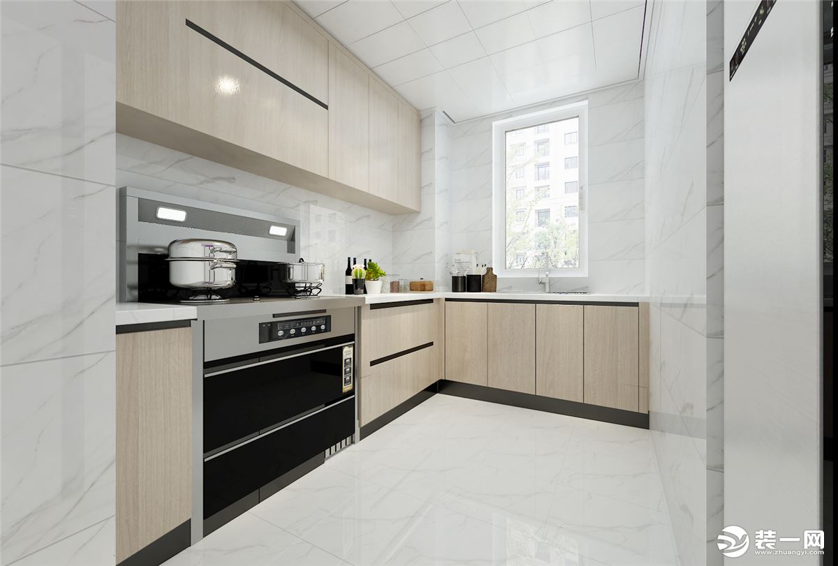 厨房根据户型设计的L型，这样最大化利用空间，墙地砖白色调，易打扫，柜体偏原木色和空间形成不一样的反差