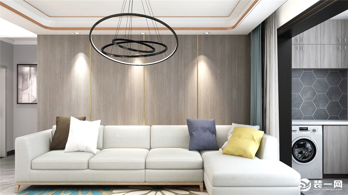 沙发背景墙用木饰面做处理，增加整个客厅的质感，提升整个空间的居住品质。