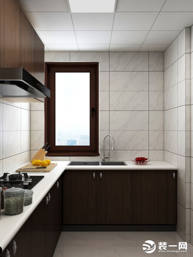 厨房空间采用L型，考虑厨房不大，所以尽其所用，也为了方便日常需求，取-洗-切-炒的流程。