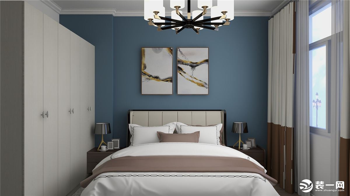 卧室床头墙面为预调色漆，使空间感更强，更为清新。也表现出了现代的感觉，搭配的挂画中也略带中式元素。
