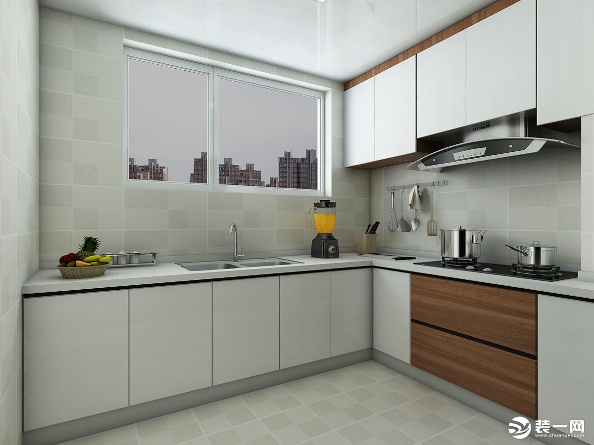 厨房以干净整洁为主，只有2个抽屉做了胡桃色的点缀，更能凸显特点，搭配的小格子形式的砖，更加的温馨。