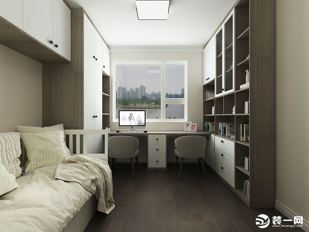次卧室设计的是多功能空间，沙发床、书桌、衣柜、书架同时满足，提高整体的收纳空间，沙发床备用。
