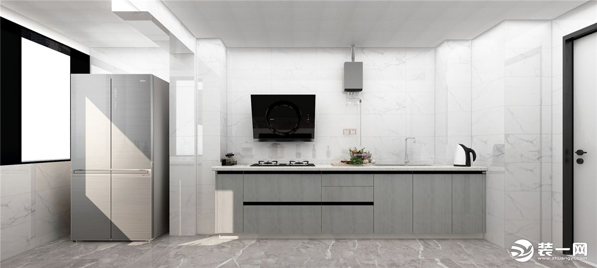 厨房设计采用对面两排，把冰箱设计在厨房阳台里面，使用起来更加方便，也不占用空间。