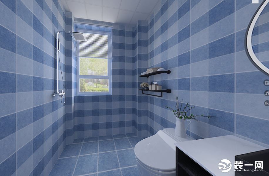 主卧卫生间采用智能镜设计，增加了整个空间的设计感，墙地面砖也采用拼色块砖设计。