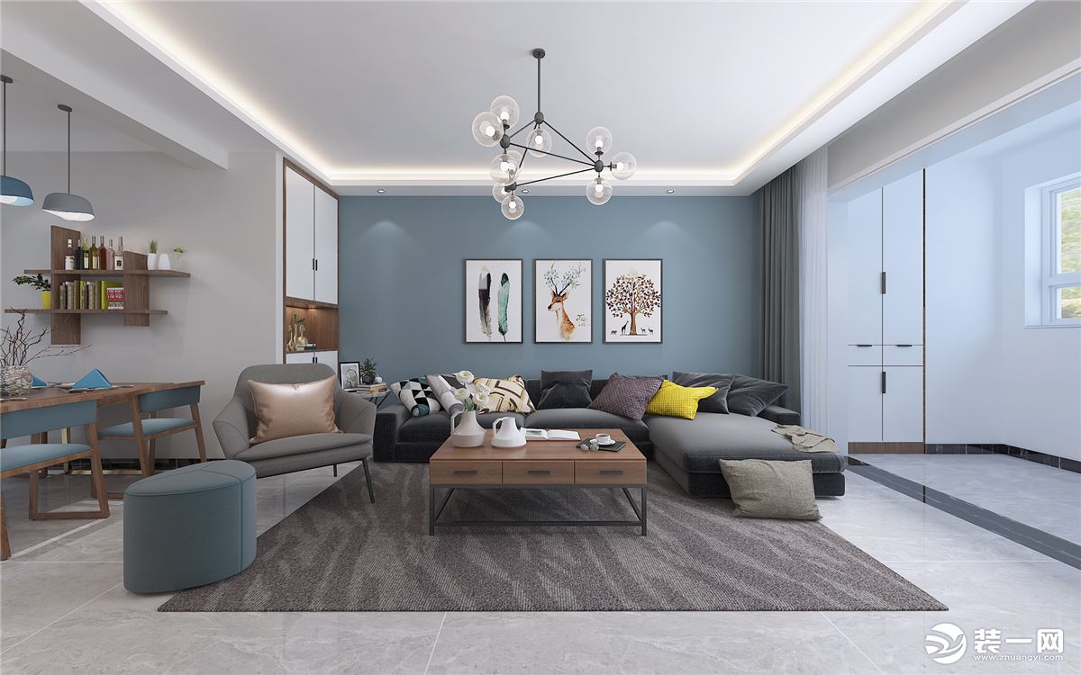 沙发背景墙蓝色点缀提亮整体的色彩，整个空间的颜色相呼应，让整个空间显得温馨舒适。