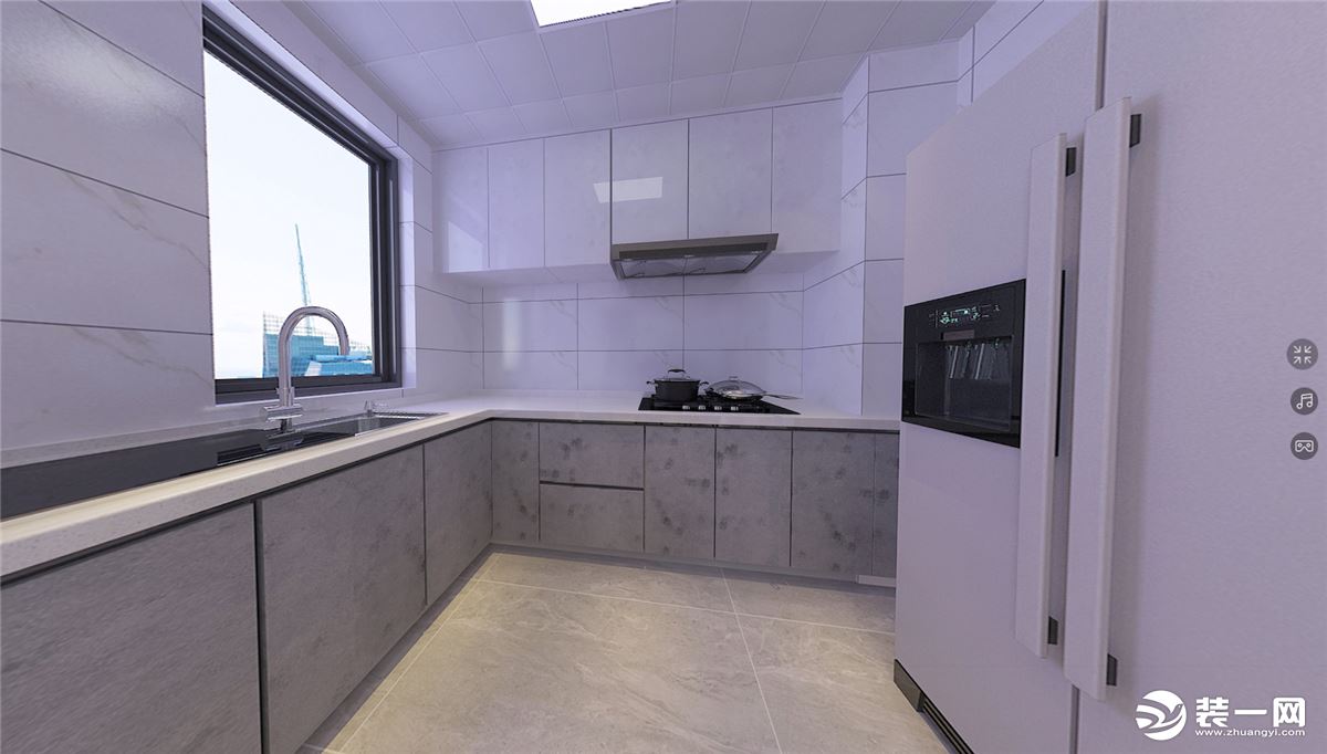 厨房设计采用敞开式设计，墙面浅色大理石纹搭配橱柜灰色，让厨房的整体搭配橱柜灰色，整体搭配感更加时尚。
