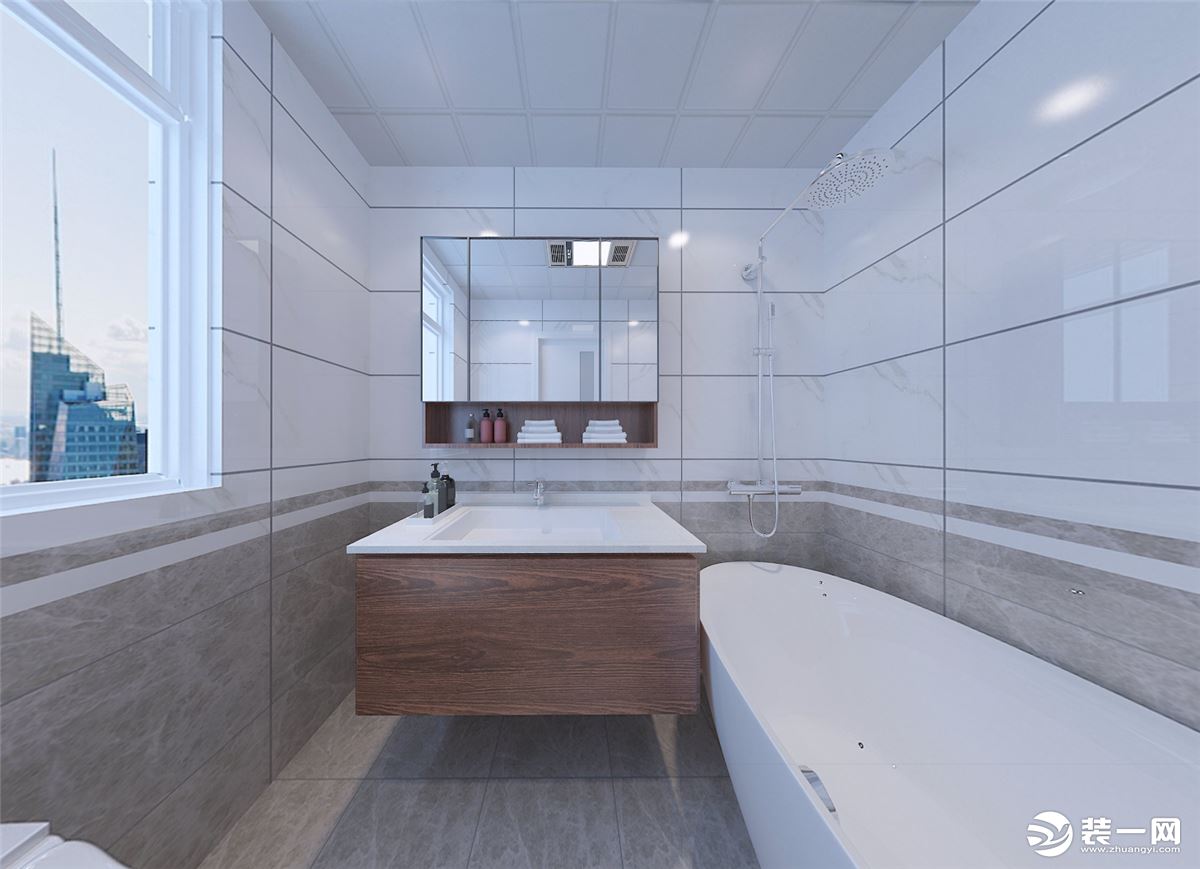 主卧卫生间整体瓷砖采用上下砖设计，增加两条腰线让整个卫生间看起来设计感十足，搭配智能马桶设计更舒适。