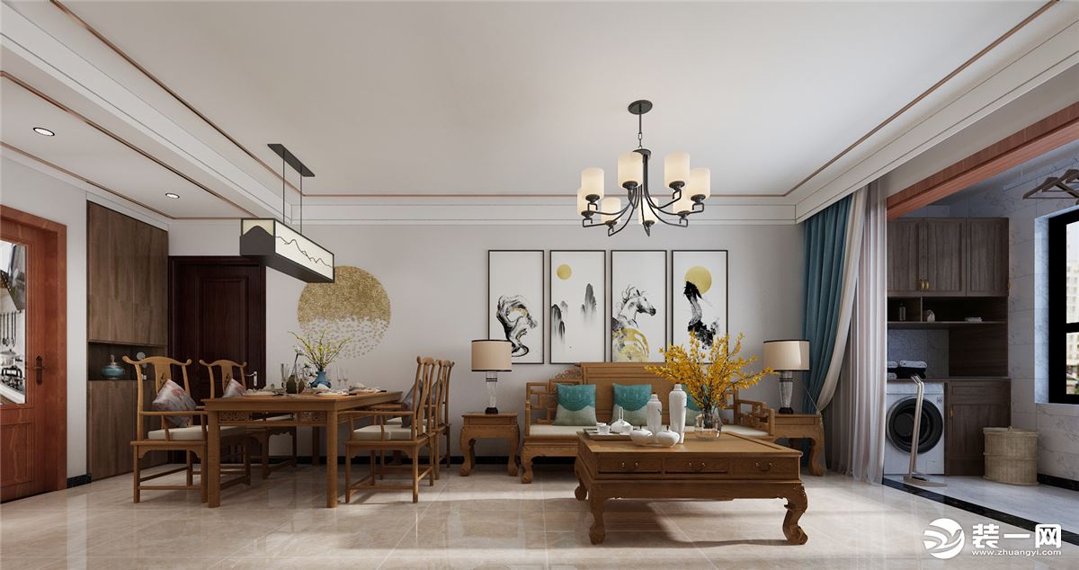 沙发背景墙挂画的设计展现了中式元素，古典与现代的结合，充满了雅致的气息。